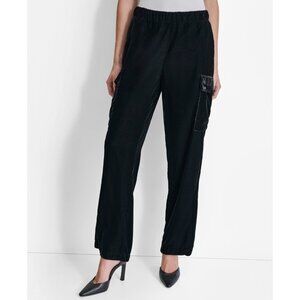 DKNY Women's High-Rise Wide-Leg Velvet Cargo Pants Black Size S MSRP $109
